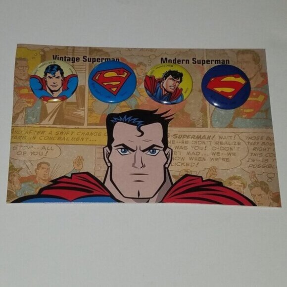 4 Small Superman Pins 2 Vintage Look 2 Modern DC Superhero Pinback Lot Cartoon - Picture 1 of 6